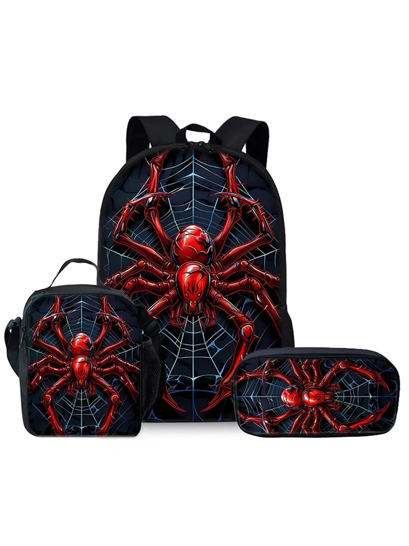 Red spider pattern printed 17-inch backpack three-piece set (single-layer backpack + shoulder strap lunch bag + single-layer pencil bag)