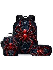 Red spider pattern printed 17-inch backpack three-piece set (single-layer backpack + shoulder strap lunch bag + single-layer pencil bag)
