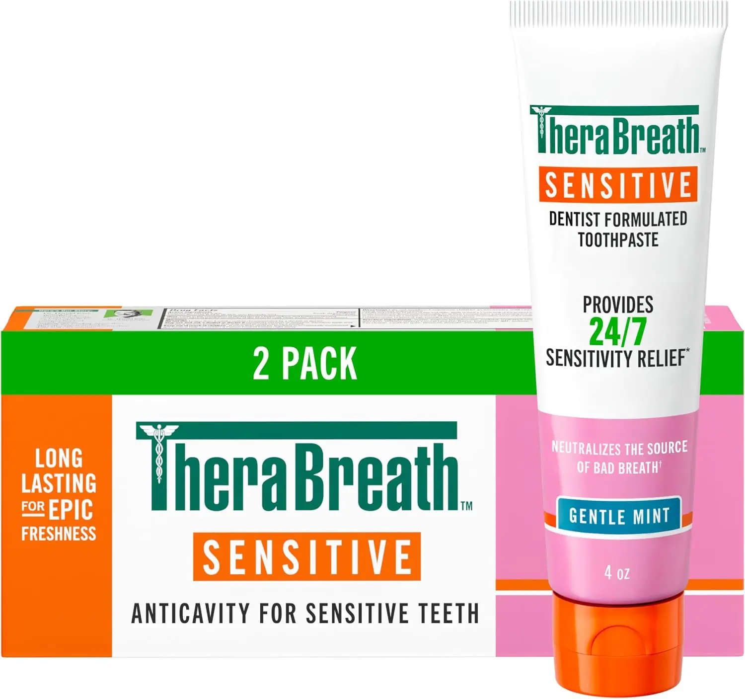 TheraBreath Sensitive Toothpaste, Gentle Mint, 4 Oz, 2-Pack | 24/7 Sensitivity Relief, SLS Free, No Sulfates, With Fluoride for Anticavity Protection