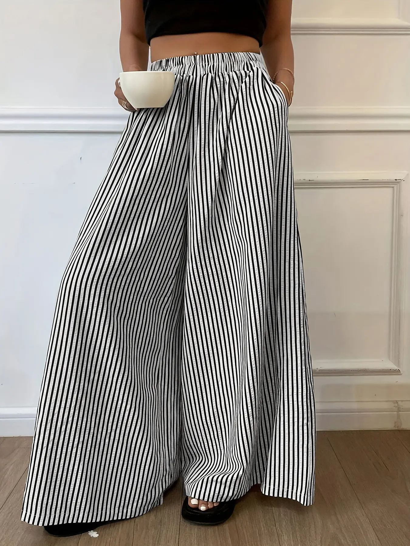 Women's Vertical Striped Woven Casual Summer Elastic Waist Wide Leg Striped Pants Bottom Casual Fashion Bottoms