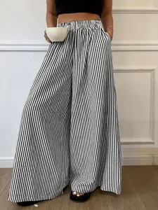 Women's Vertical Striped Woven Casual Elastic Waist Wide Leg Striped Pants Bottom