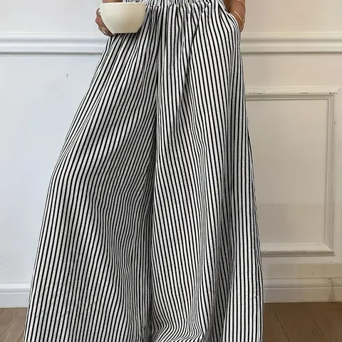 Women's Vertical Striped Woven Casual Summer Elastic Waist Wide Leg Striped Pants Bottom Casual Fashion Bottoms