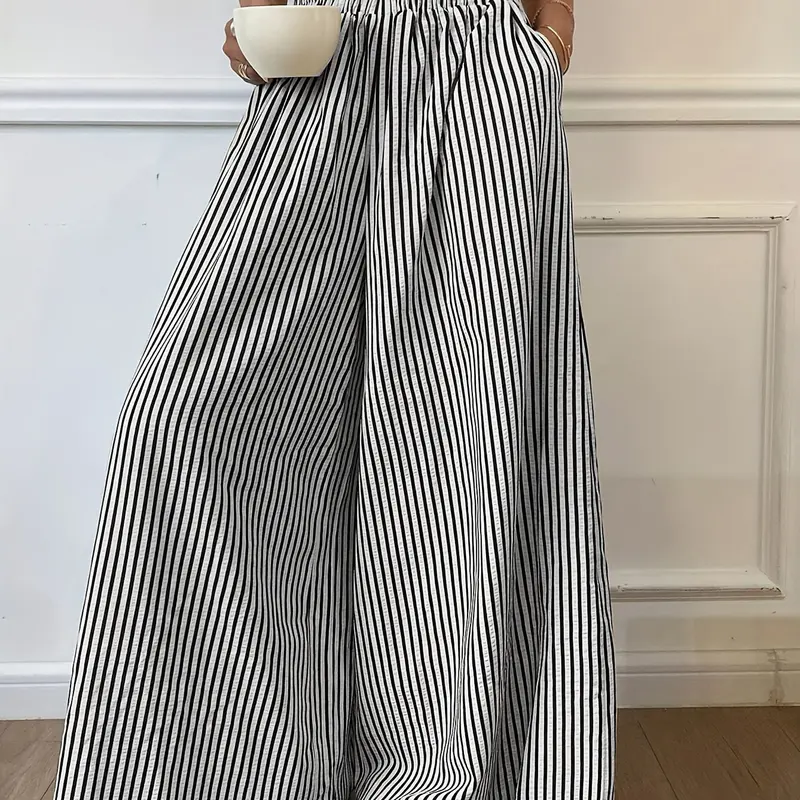 Women's Vertical Striped Woven Casual Summer Elastic Waist Wide Leg Striped Pants Bottom Casual Fashion Bottoms