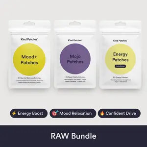 Kind Patches RAW Bundle: 30 Mental Wellness Patches + 30 Peek Vitality Patches + 30 Energy Patches, Mood Support, Natural/Daily Vitality Support , Health Confidence, Natural Ingredient, Caffeine and Red Ginseng, Vegan