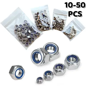 10pcs/50pcs Nylon Anti-Corrosion Hex Locking Nuts M3-M12 Stainless Steel Silver Color for Mechanical Assembly Car Repair Furniture Manufacturing Industrial Equipment