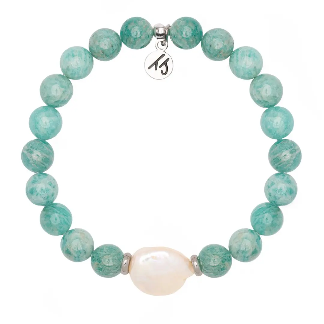 Peruvian Amazonite Gemstone with Pearl Coin Stacker Bracelet