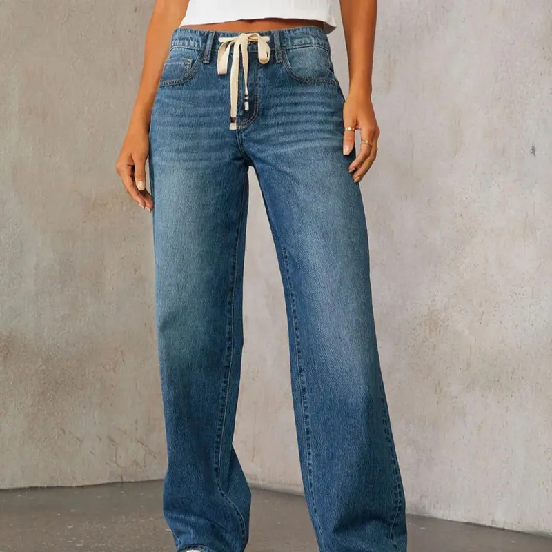 Women's Plain Drawstring Waist Jeans, Casual Design Jeans, Casual Fashion Denim Pants for Daily Wear, Ladies Bottoms for Spring & Fall, Casual Denim Trousers, Denim Clothing