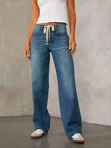 women's plain drawstring waist jeans, casual basic fashion denim pants for daily wear, ladies bottoms for spring & fall, womenswear, trouser