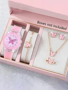 Cute Silicone Butterfly Glowing Quartz Wristwatch Set with Butterfly Bracelet Necklace Earrings Jewelry, Best Birthday Gift for Kids