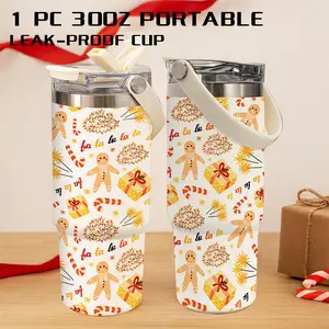 1 Pc 30 oz Stainless Steel Vacuum Tumbler with Handle, Gingerbread Man and Candy Cane Pattern, 2-in-1 Lid, Fun Leak-Proof Mug, Easy to Carry, Keeps Hot 12H/Cold 24H, Perfect for Home, Office, Car, Holiday Gift for Mom, Friend, Teacher.