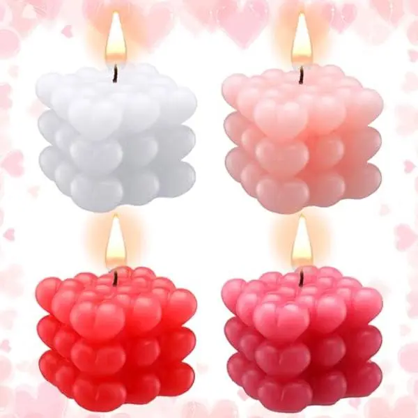 Treela 4 Pcs Valentine's Day Heart Bubble Cube Candle 2.68 x 2.56 x 2.36'' Cute Decorative Candles Soy Wax Aesthetic Candle Room Decor for Home Wedding Birthday Kitchen Romantic Gift (Multicolor)