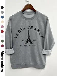 Teen Girl's Eiffel Tower Print Crew Neck Sweatshirt, Casual Soft Sweatshirt, Graphic Print Sweater, Casual Long Sleeve Pullover for Daily Wear, Clothing for All Seasons