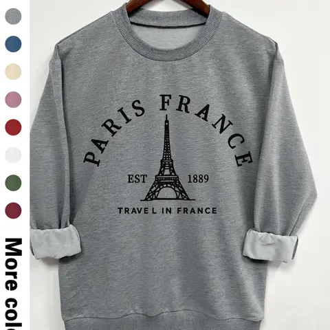 Teen Girl's Eiffel Tower Print Crew Neck Sweatshirt, Casual Soft Sweatshirt, Comfy Sweatshirt, Graphic Print Sweater, Casual Long Sleeve Pullover for Daily Wear, Clothing for All Seasons