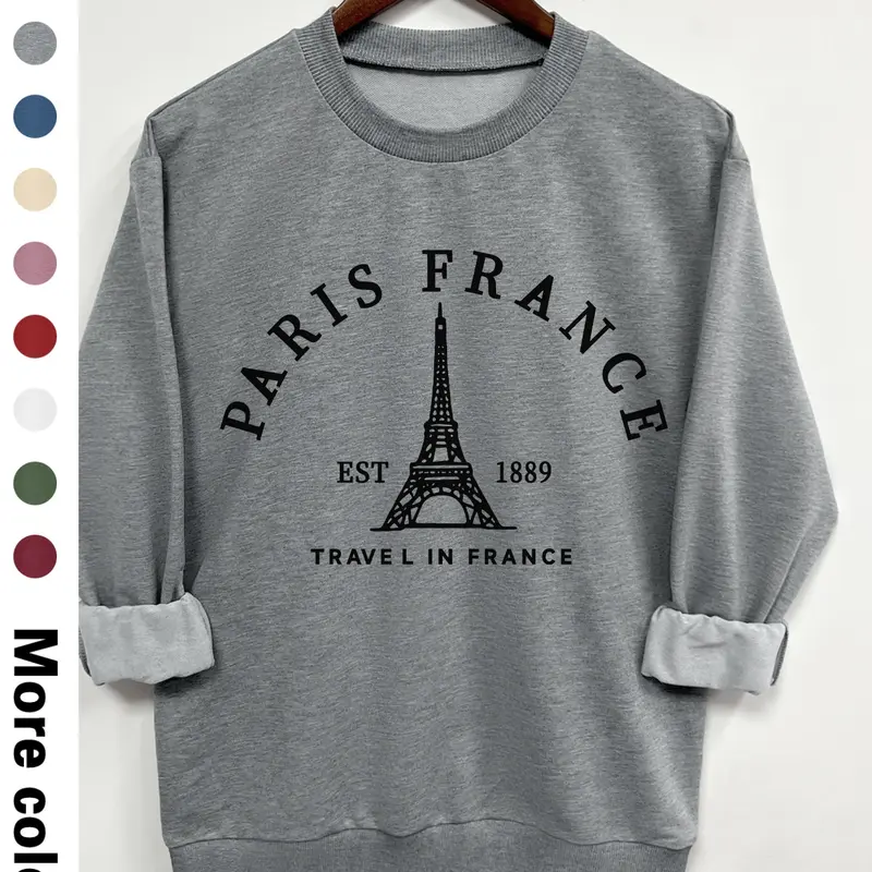 Teen Girl's Eiffel Tower Print Crew Neck Sweatshirt, Casual Soft Sweatshirt, Comfy Sweatshirt, Graphic Print Sweater, Casual Long Sleeve Pullover for Daily Wear, Clothing for All Seasons
