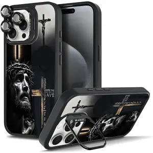 Jesus pattern religious element decoration shock-absorbing bracket phone case Suitable for iPhone 17 16 15 14 13 12 11 Xs Pro Max Air Plus metal camera frame&magnetic anti drop phone case B003 Screen Protector Cover Protection Smartphone