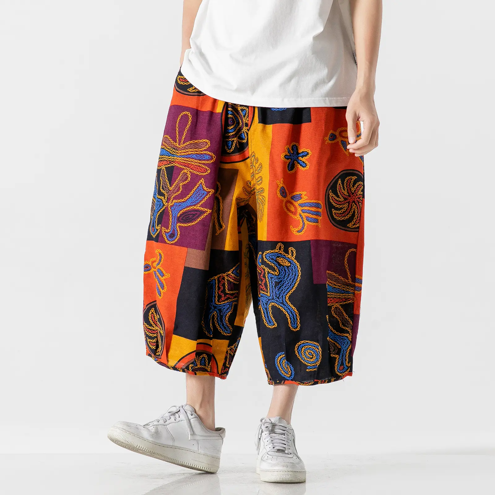 GURUNVANI Menswear Casual Loose-Fit Print Clothes - Wide Leg Elastic Waist Harlem Beach Capri Pants, Tropical Trouser, Mid-Waist
