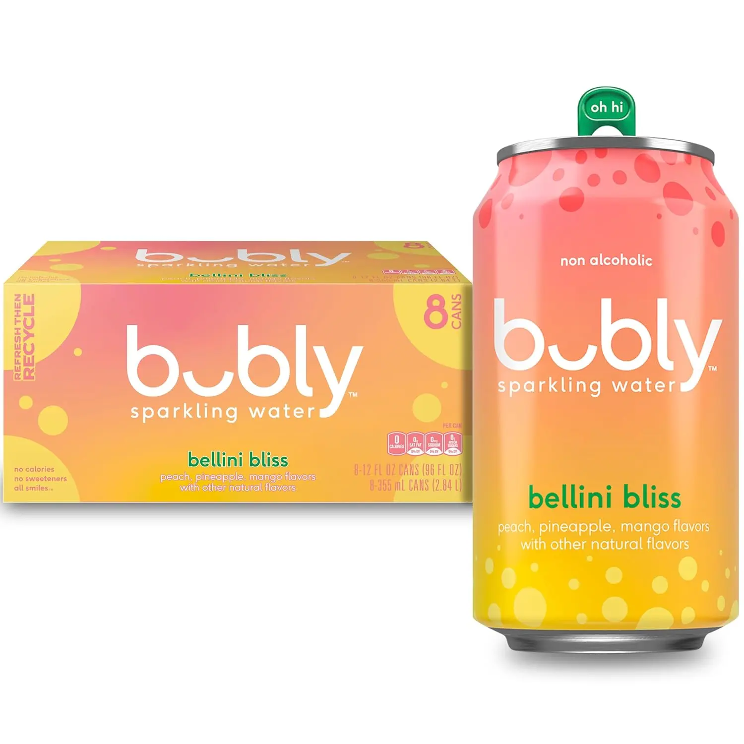 Bubly Bellini Bliss Natural Sparkling Beverage, 0 Sugar, 0 Calories, 12 fl oz Cans, Pack of 8
