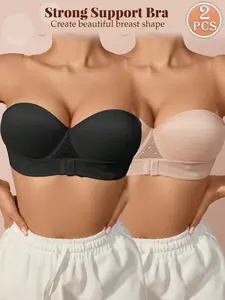 MIMILEMON Women's 2PCS Lace Strapless Push-Up Underwire Bra Set - Front Closure Lift, Solid Color, Breathable, Elegant Basic Minimalist, Backless Outfits, Wedding Occasions