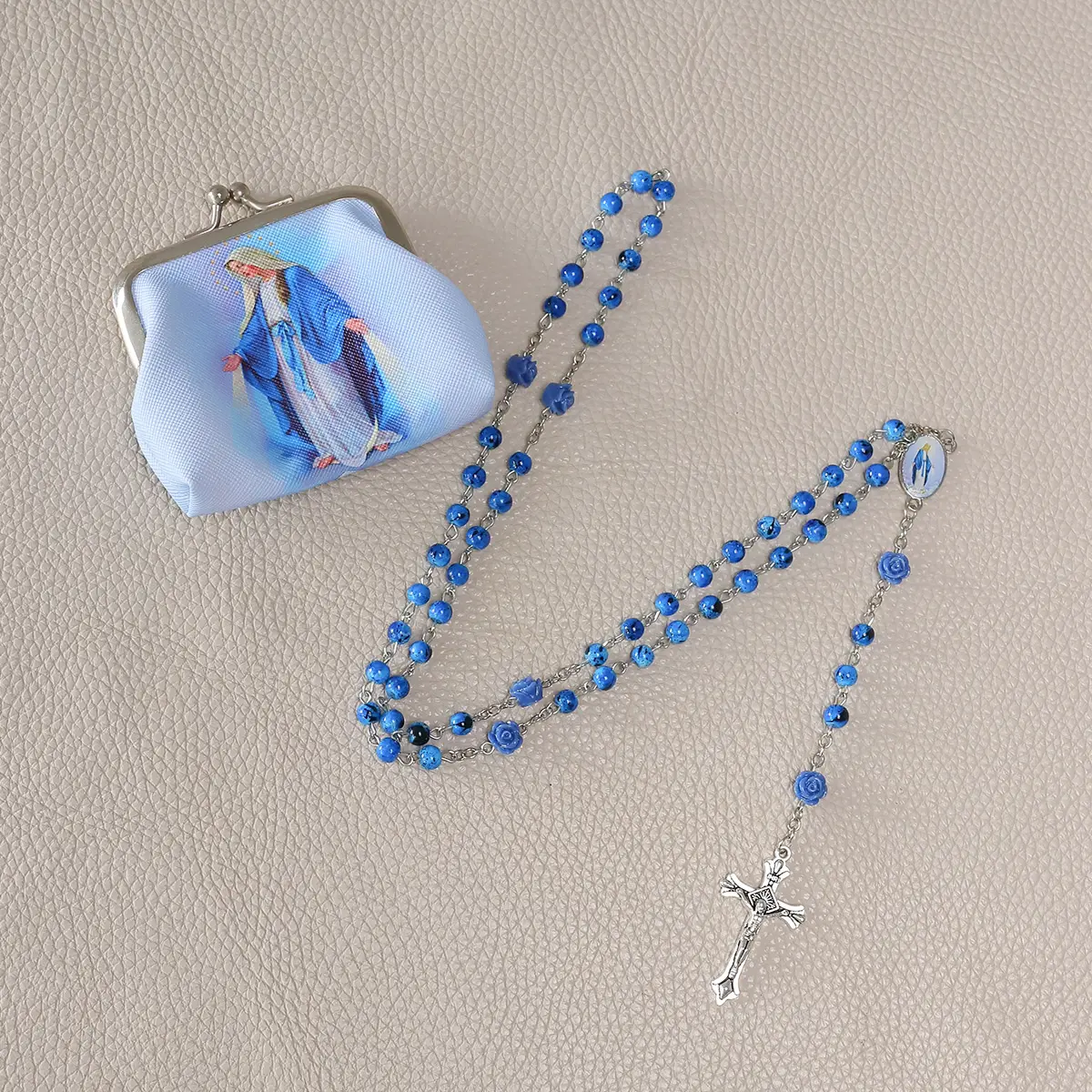 Rosary Beads Catholic Necklace Holy Soil Medal Cross Crucifix Comes in Gift Pouch First Communion Christian Gifts