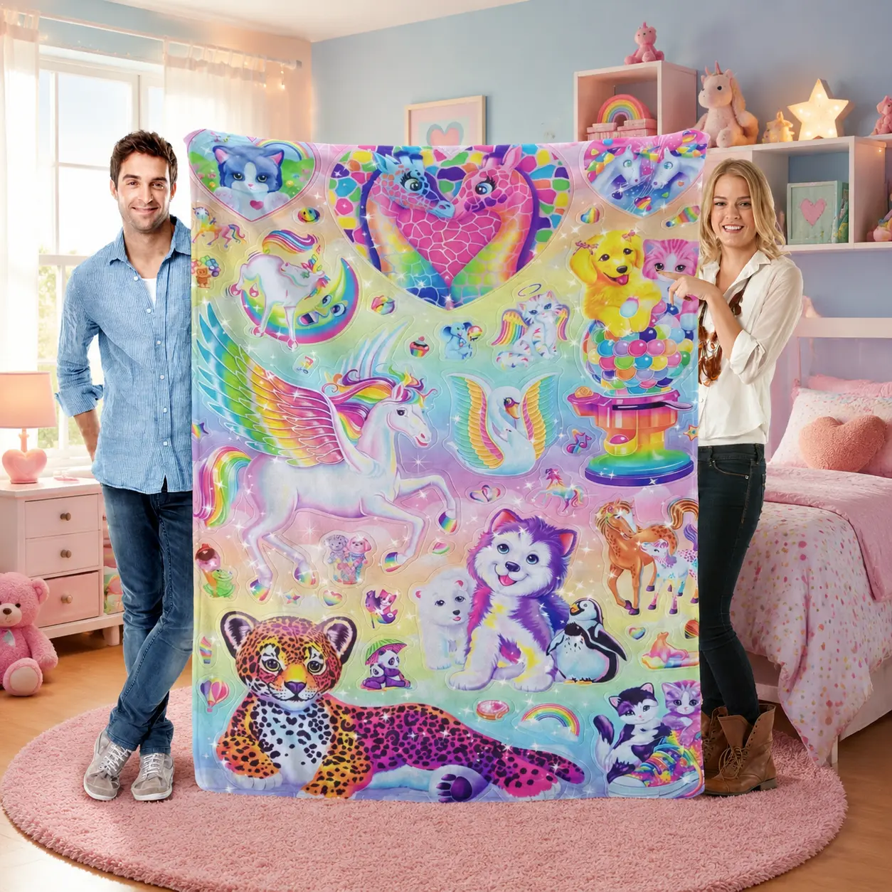 Rainbow Fantasy Fleece Throw Blanket, Soft Plush Kids Blanket with Unicorns, Magical Animals, Puppies, Kittens, and Colorful Cute Characters, Cozy Bed or Couch Blanket