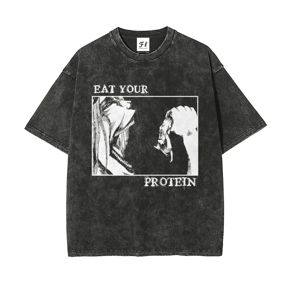 Attack on Titan Eat Your ProteinOversize Unisex Washed T-Shirt for Women and Men's