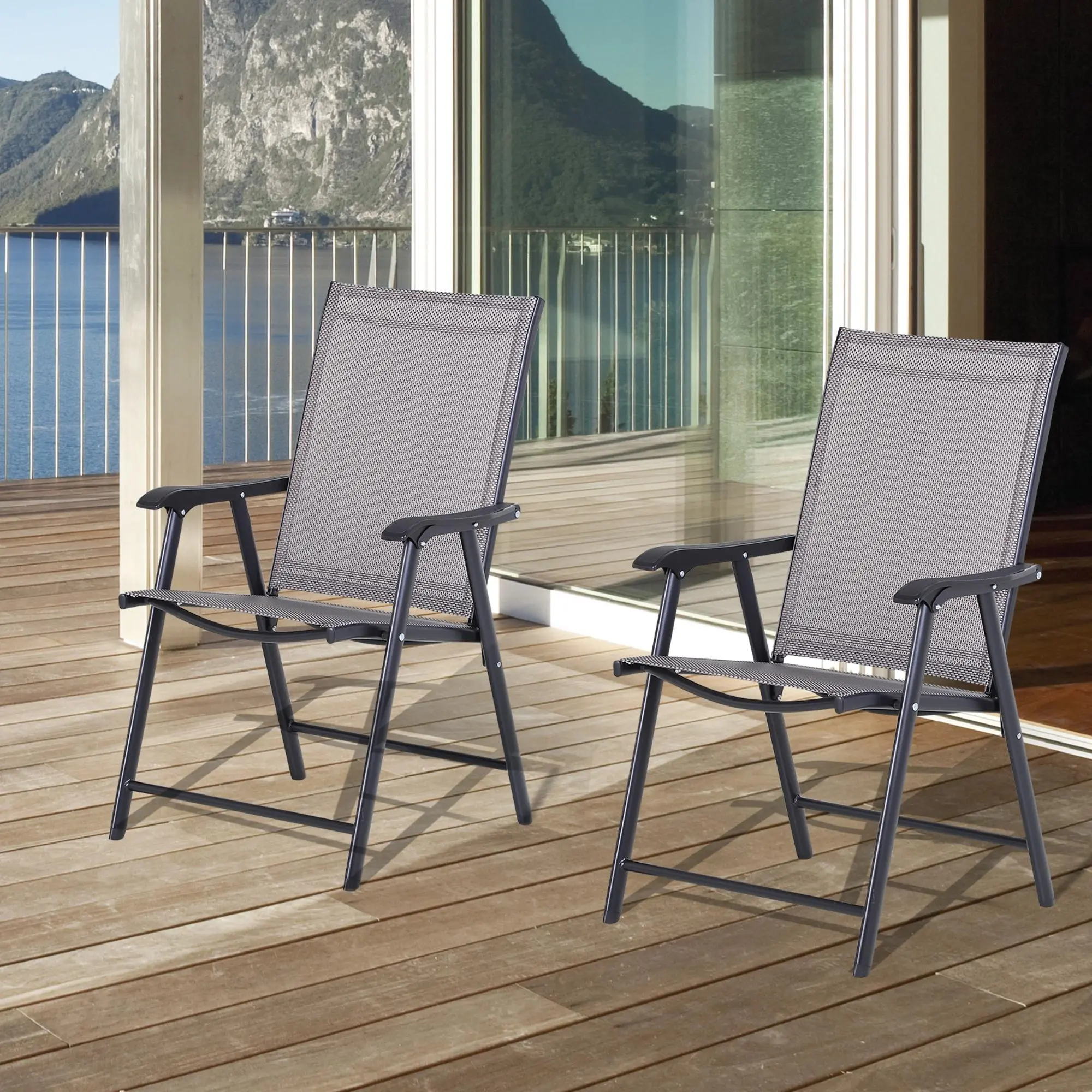 2-Pack Gray Stackable Outdoor Folding Patio Dining Chairs with Armrests, Breathable Sling Mesh for Camping, Tailgate Trips