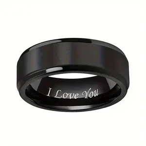 Elegant Men's Titanium Steel 'I Love You'Engraved Ring - Romantic Black Band withCreative Lettering, Ideal for Wedding,Anniversary & Valentine's Day Gift