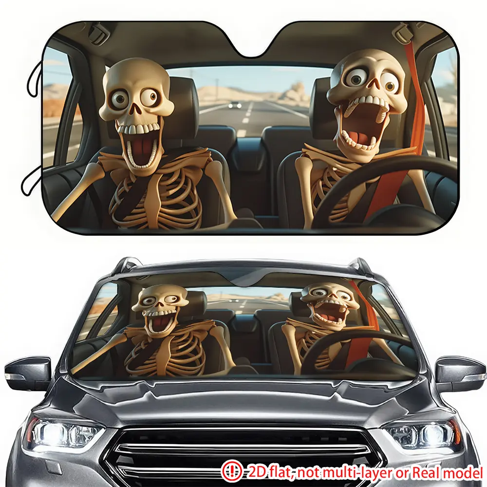 1pc skeleton driving exaggerated car sun visor 2D high-definition printing, SUV Vehicle Sunshade, Car sunshades for windshield, car sun visor blocks sunlight, suitable for front windshield decoration of trucks