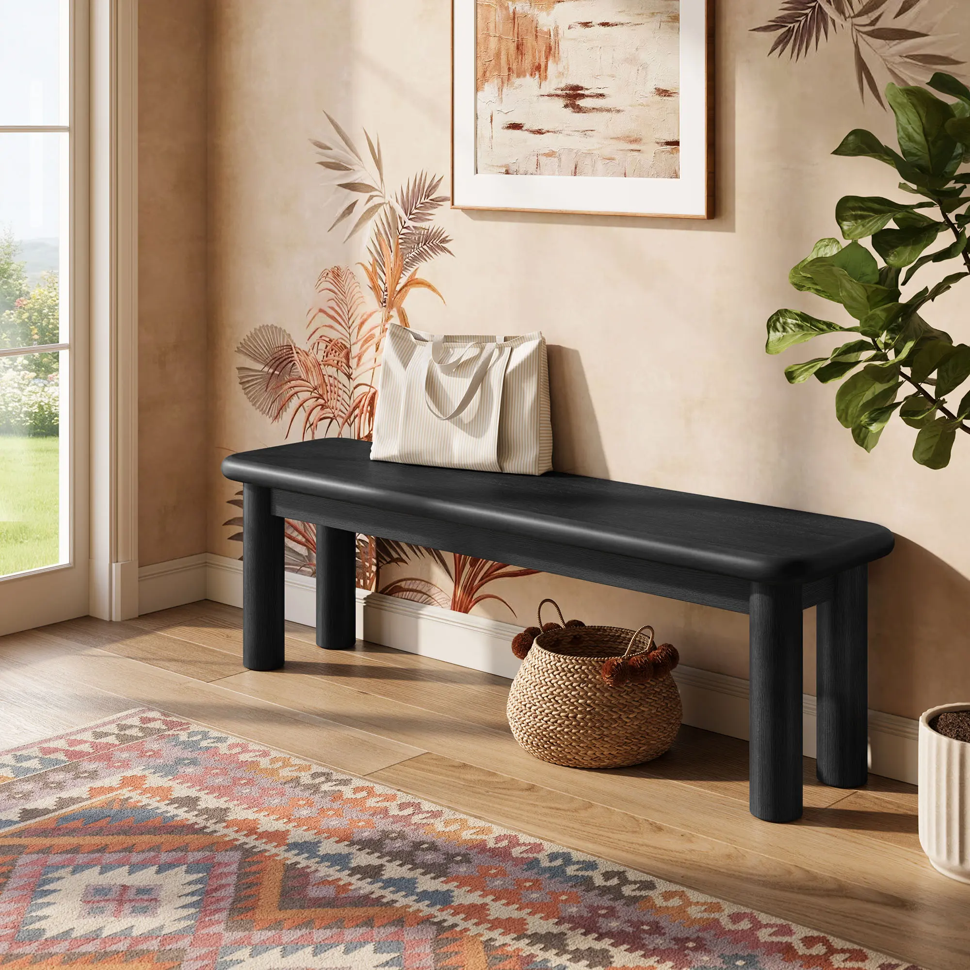 Alvia 58" Wood Bench in Black Alvia 58" Wood Bench in Black