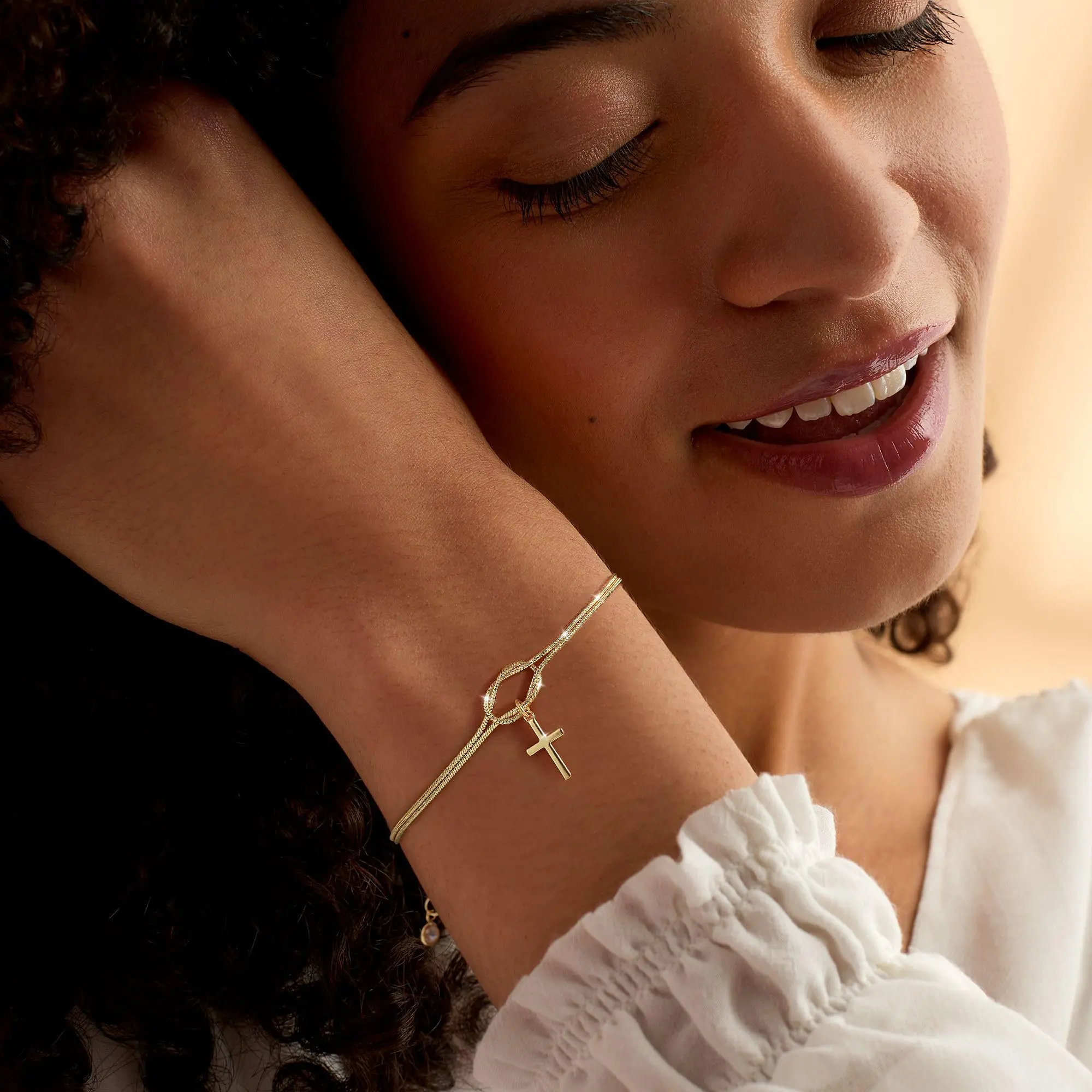 TEWIKY Cross Bracelet for Women, Dainty Layered Snake Chain Knot with Cubic Zirconia, Handmade Spiritual Christian Jewelry Gift, Cross Design Bangle, Bracelets, Religious, Daily, Casual