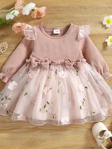 Baby's Solid Appliques Bow Front Contrast Mesh Dress, Cute Elegant Long Sleeve Round Neck A Line Dress for Baby Girls, Newborn Infant Kids Spring Clothes, Baby Clothing, Toddler Outfit