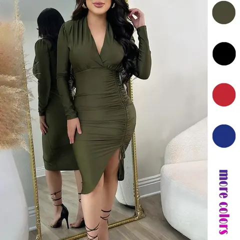 Women's Plain Ruched Midsize Dress, Formal Dress Hides Tummy, Elegant Chic Long Sleeve V Neck Dress for Party Holiday Wedding Guest, Ladies Clothes for All Seasons, Evening Formal Wear, Wedding Guest Dresses