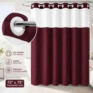 Burgundy Double Layer Waffle-Pattern Shower Curtain - No Hook Snap-in Liner, Fabric Waterproof Inner & Washable White Outer Cloth, Modern Bathroom Accessory for Home/Hotel/Salon/Dorm, 72x75 Inch