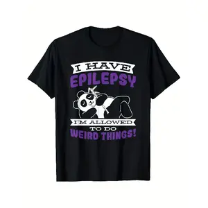 merch shirt for men Epilepsy Awareness T-Shirt - Funny "I Have Epilepsy, I'm Allowed to Do Weird Things" Saying with Cute Panda & Seizure Ribbon Design - Soft 100% Cotton Relaxed Fit Tee for Men & Women (Sizes S-XXXL) - Black with Purple Lettering - Machi