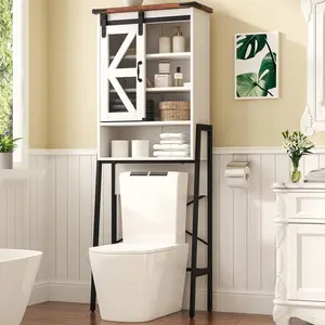 Farmhouse Over-The-Toilet Storage Cabinet - MDF Fiberboard, Adjustable Shelves, Sliding Barn Door, X-Bracket Base, Rustic Look, Easy Assembly, Bathroom Organizing Accessories for Modern Farmhouse Bathroom, Laundry Room
