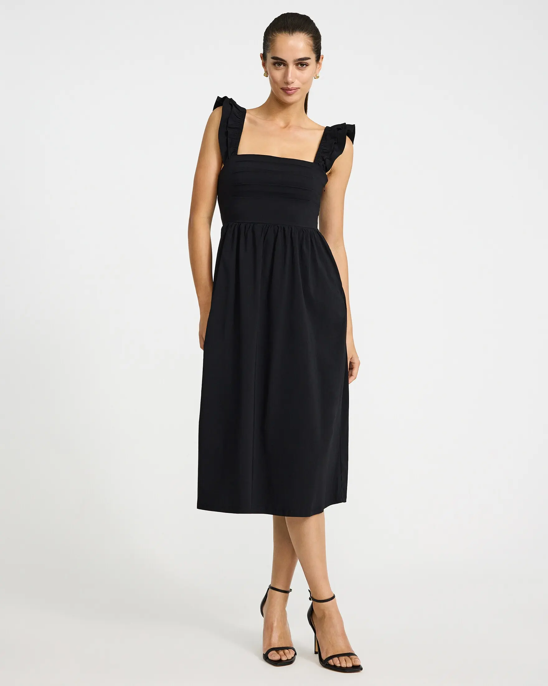 Express Poplin Square Neck Flutter Sleeve Lace-Up Back Midi Dress - TikTok  Shop