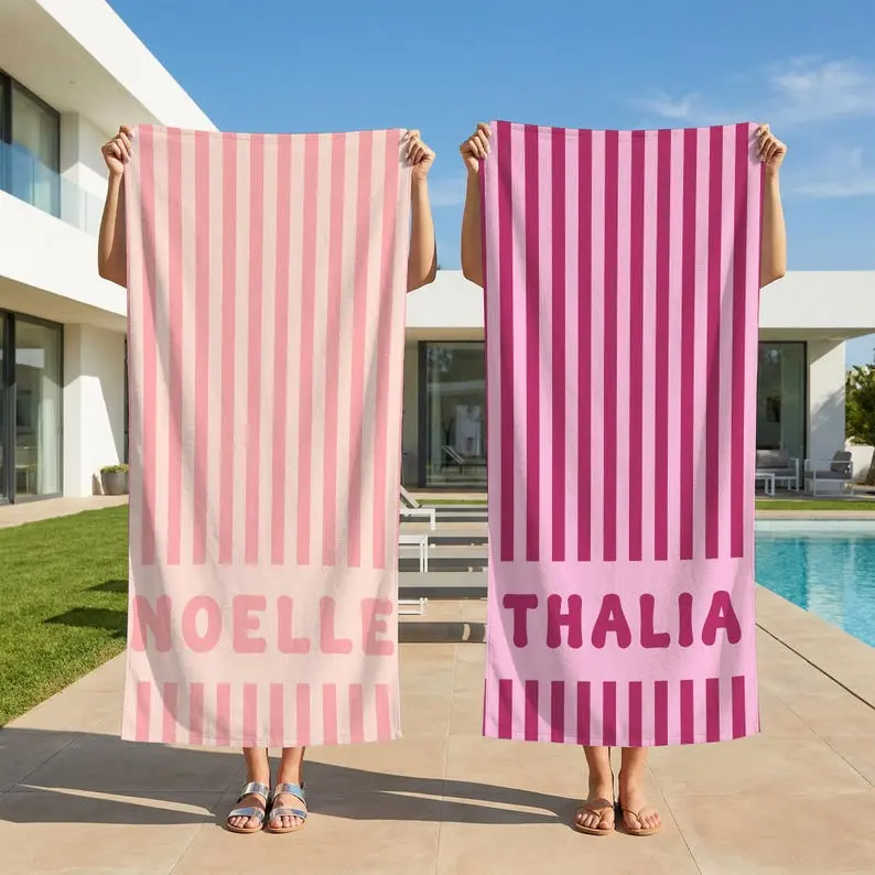 Personalized Groovy Striped Beach Towel, Custom Girl Trip Pool Towel, Bachelorette Party Beach Gift, Cute Summer Vacation Towel for Women