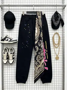 Y2k Retro Joggers pants for Men, Hip Hop Inspired Graphic Sweatpants, Loose Fit Breathable Casual Trousers, Colorful Splatter & Rhinestone Print Detail, Elastic Waist Closure, Street Style, Daily Loungewear & Outdoor Active Pants