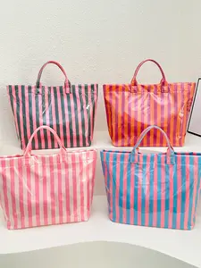 Fashionable classic practical texture shoulder bag, vertical striped contrasting design, short handle tote bag type, large capacity commuting bag, versatile item for student party classes/daily outings, can accommodate files and tablets, Stylish tote bag