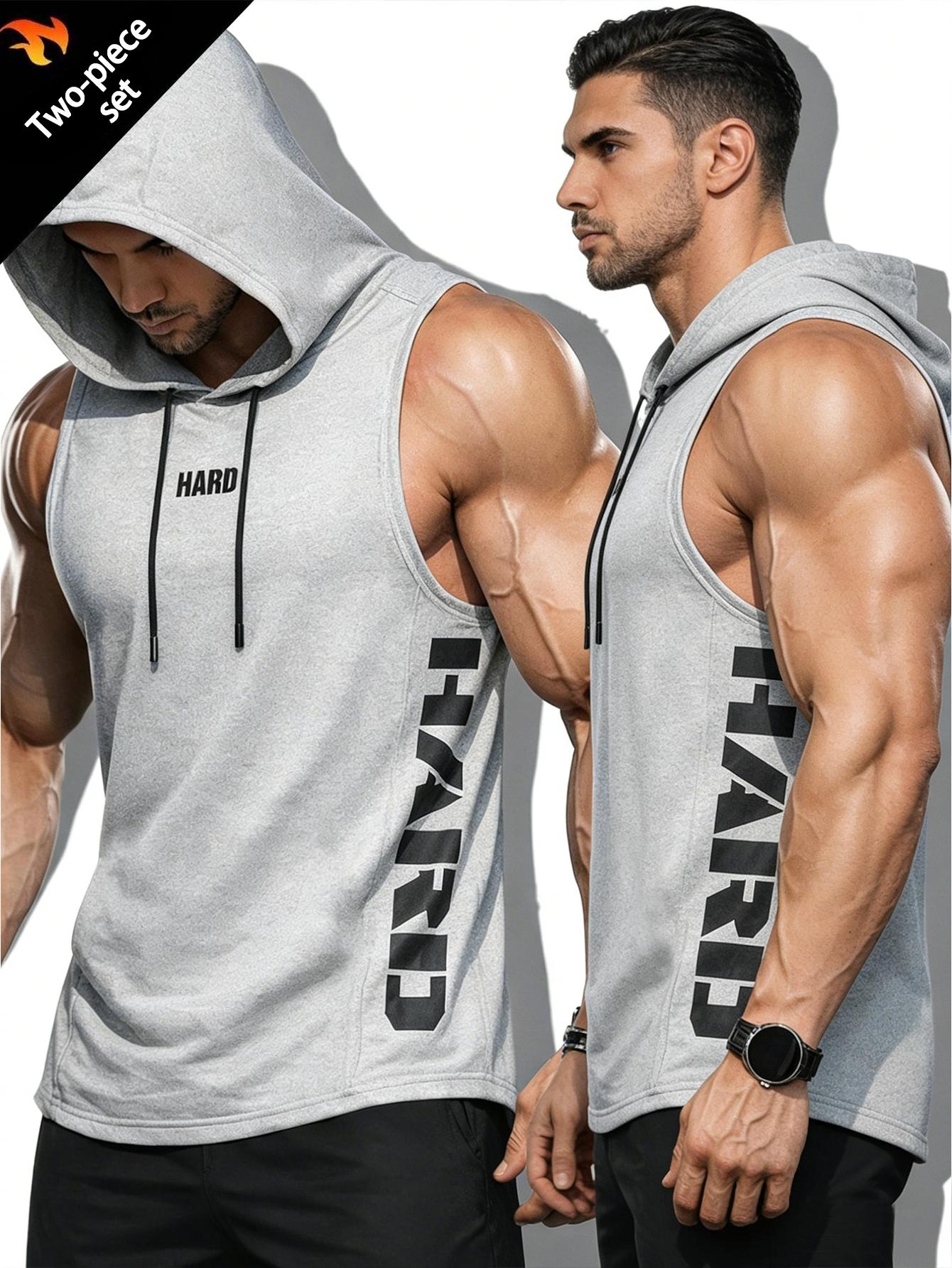 Two-piece set, multi-pack; men’s casual letter-print drawstring hooded tank top; summer sleeveless hooded sweatshirt; hooded workout hoodie; men’s compression shirt for fitness and outdoor activities
