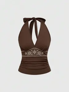 ROSY x Hippie Sexy Summer Cool Vacation Halter Neck Bowknot Tie Strap Embroidered Floral Low-Cut Coffee Color Women Tank Top