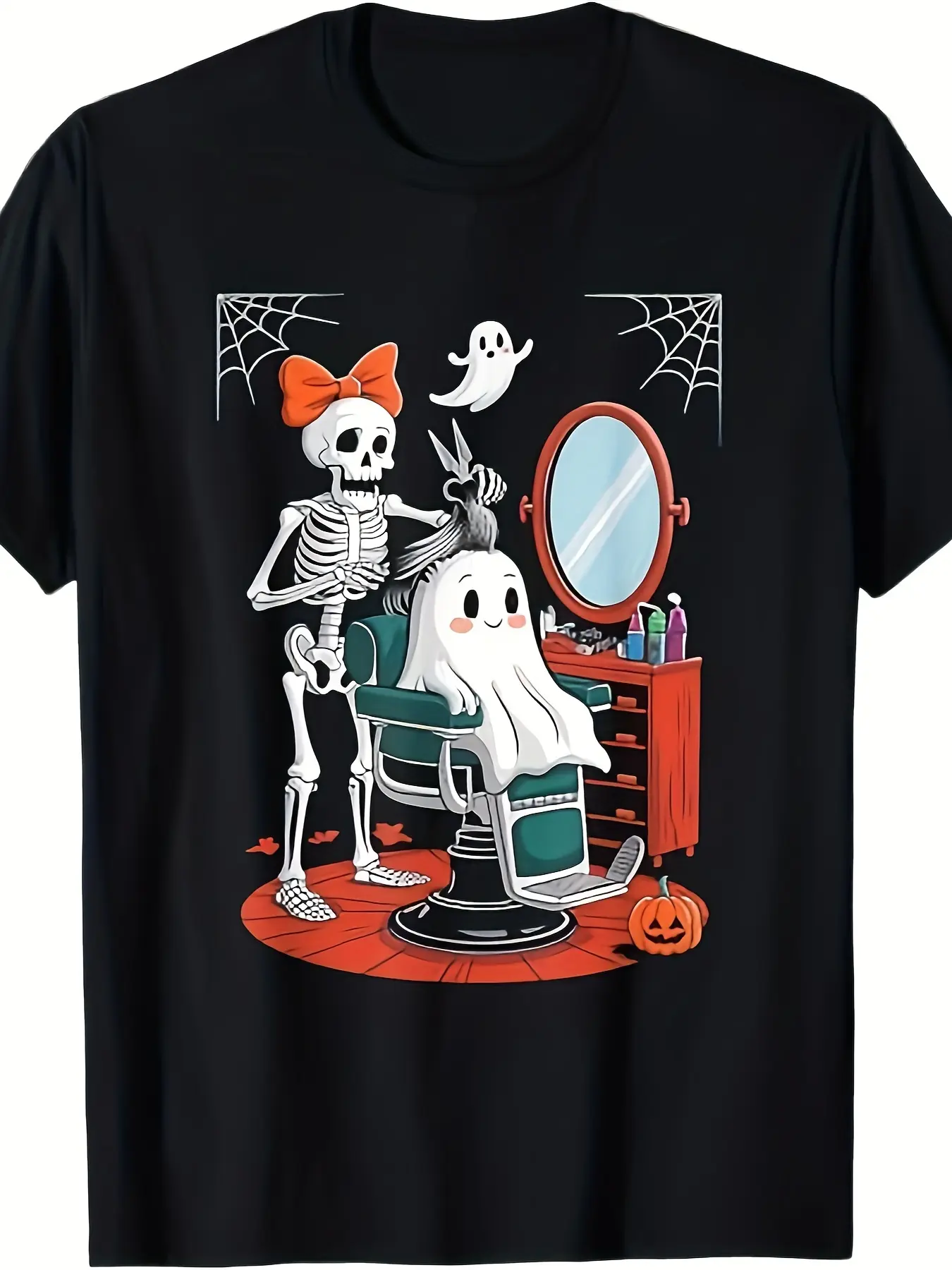 Men's 220g 100% Cotton Tshirt - Unisex Classic Casual Round Neck Top with Halloween Skull Barber Hairdresser Print, Soft Fabric, Long-Lasting Wear, Outdoor Activity Fit, Shortsleeve, Black, Menswear, T-Shirt, Skull Print, 2Xl, 3Xl, Outdoor Wear