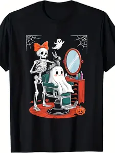 Menswear Classic Casual Round Neck Halloween Skull Barber Hairdresser Top - 220g 100% Cotton T-Shirt, Unisex Fit, Artistic Print, Soft Touch Fabric, Long-Lasting Wear, Outdoor Activity