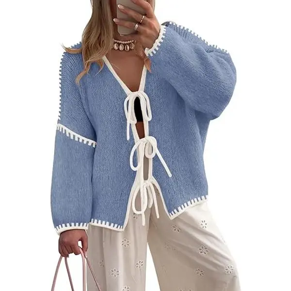 ZESICA Crdigans for Women Trendy 2026 Tie Front Bow Sweaters Casual Long Sleeve Winter Clothing Coats