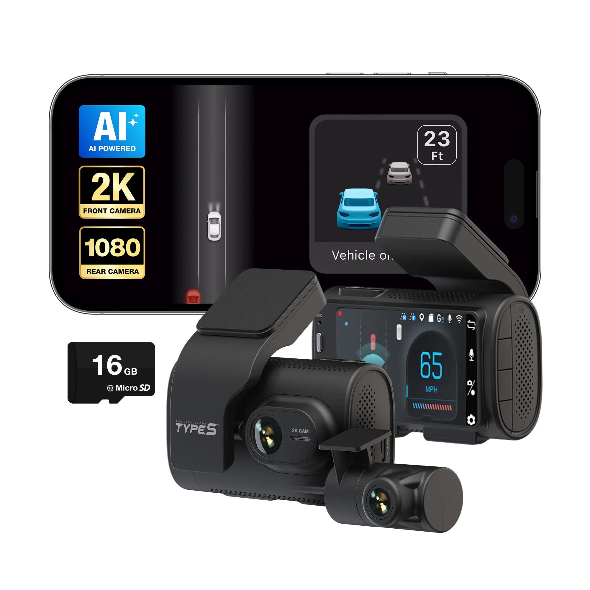 TYPE S T200 PLUS Full-Coverage Automotive AI Dashcam with Advanced Driver Assistance, GPS DVR, 1440p, 1080p, Safety Alerts, Front+Rear Coverage, Ai Safety Alerts