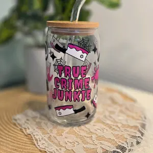 True Crime Junkie 16oz Glass or Acrylic Cup - Ideal for Drinking Beverages - Versatile Glassware for Beverages - Bottles, Drinkware cups book lover booktok gift