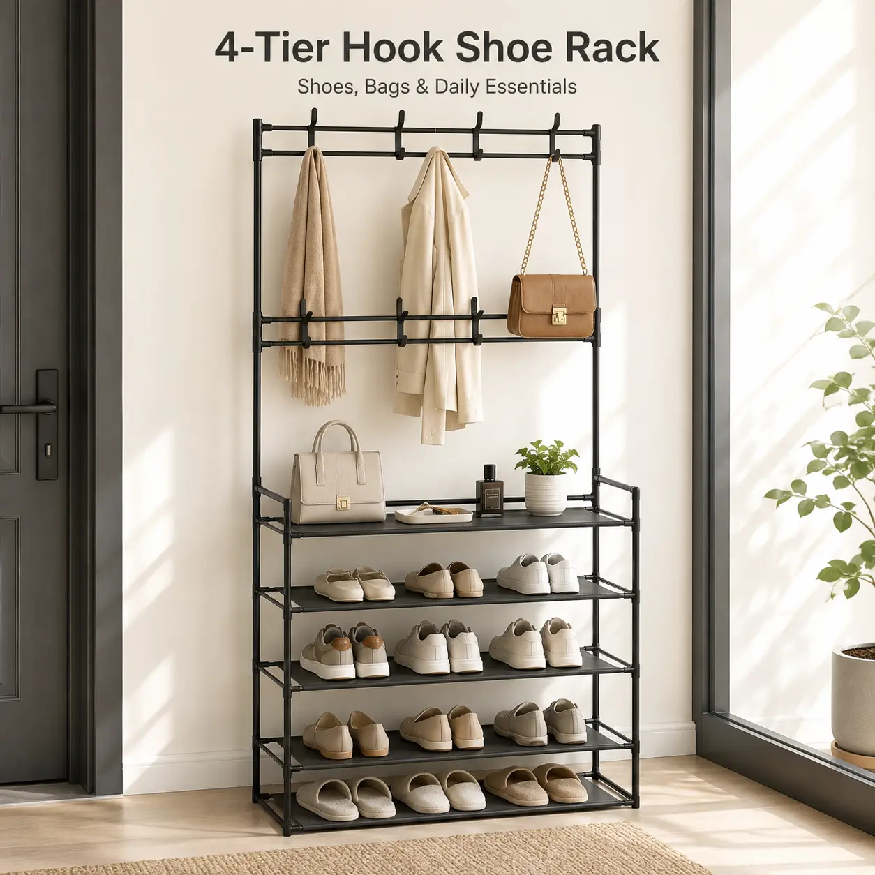 4-Tier Entryway Shoe Rack with Double-Row Hooks, Carbon Steel Coat & Bag Organizer for Hallway, Bedroom and Closet, Black/White