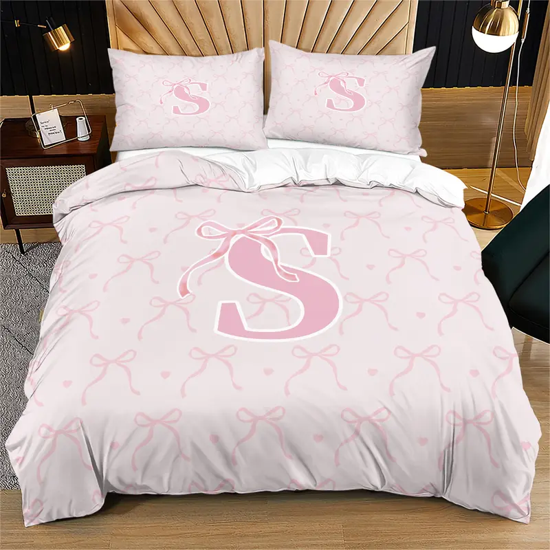 Letter Bow Pattern Soft Durable Bedding Set, Includes 1 Fitted Sheet & Pillowcases, Modern Style Bedroom Decor Gift for Teens Adults, Soft Bedding Sets