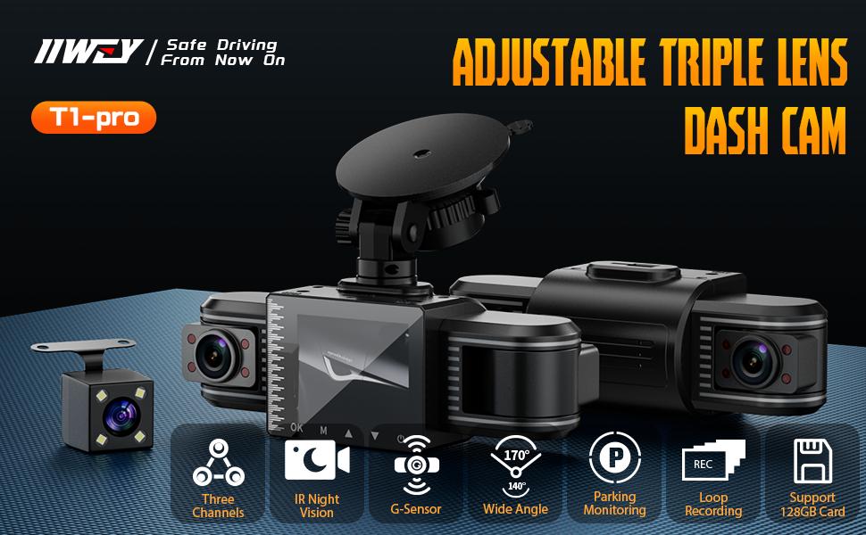 iiwey T1-pro Dash Cam Front and Rear Inside 3 Channel 1080P, Adjustable Lens Dash Camera for Cars with 8 IR Lamps Night Vision, Three Ways Triple Car Camera, Loop Recording, G-Sensor, Parking Monitor