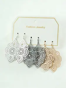 3 pairs Exaggerate Flower Dangle Earrings, Vintage Bohemian Hollow Flower Drop Earrings, Lightweight Flower Petal Hook Earrings, Dainty Dangling Fashion Jewelry for Women